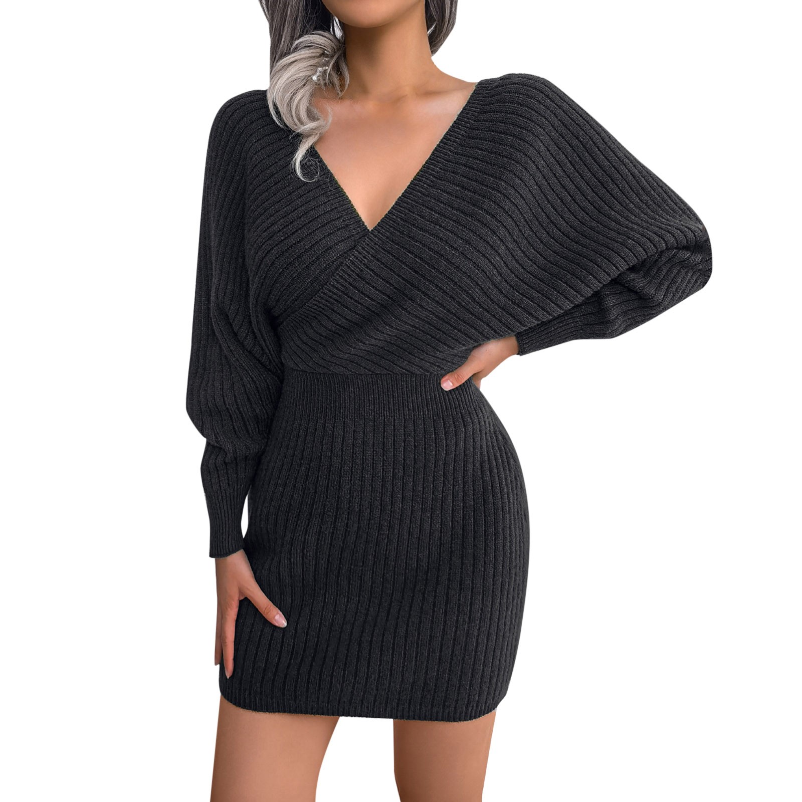 thumbnail image 2 of Mini vestido de manga larga con cuello en V para mujer - Jersey holgado informal - Conjunto de color liso para invierno/otoño (S-L), 2 of 8